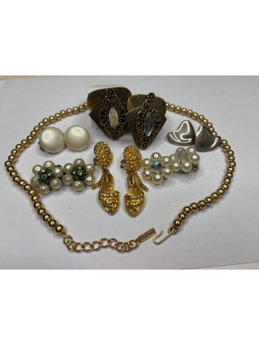 Vintage Jewelry Lot: Art Deco Brass Earrings, Napier Signed Gold Beads, Faux Pea